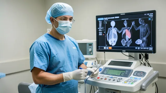 Imagem gerada por IA: Cirurgião torácico em sala de cirurgia ao lado de equipamentos médicos.