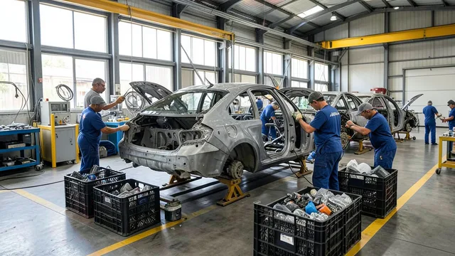 Imagem gerada por IA: Trabalhadores montam um veículo em uma linha de produção com peças e componentes ao redor.