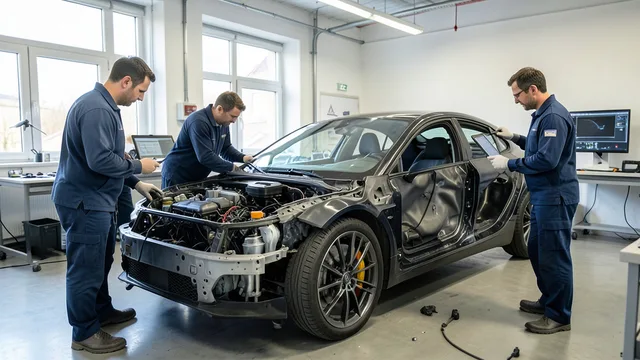 Imagem gerada por IA: Engenheiros trabalham no desenvolvimento de um carro elétrico em um estúdio automotivo.
