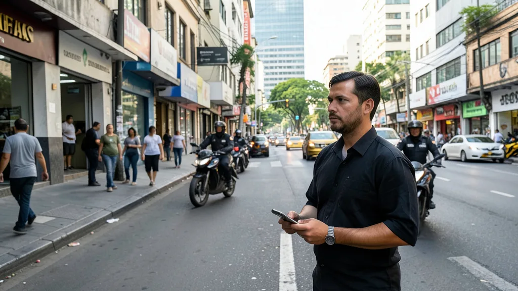 Imagem gerada por IA: Pedestre com celular em uma rua movimentada de São Paulo, com policiais ao fundo.