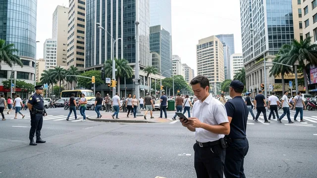 Imagem gerada por IA: Pedestres e um policial em uma esquina movimentada de São Paulo.