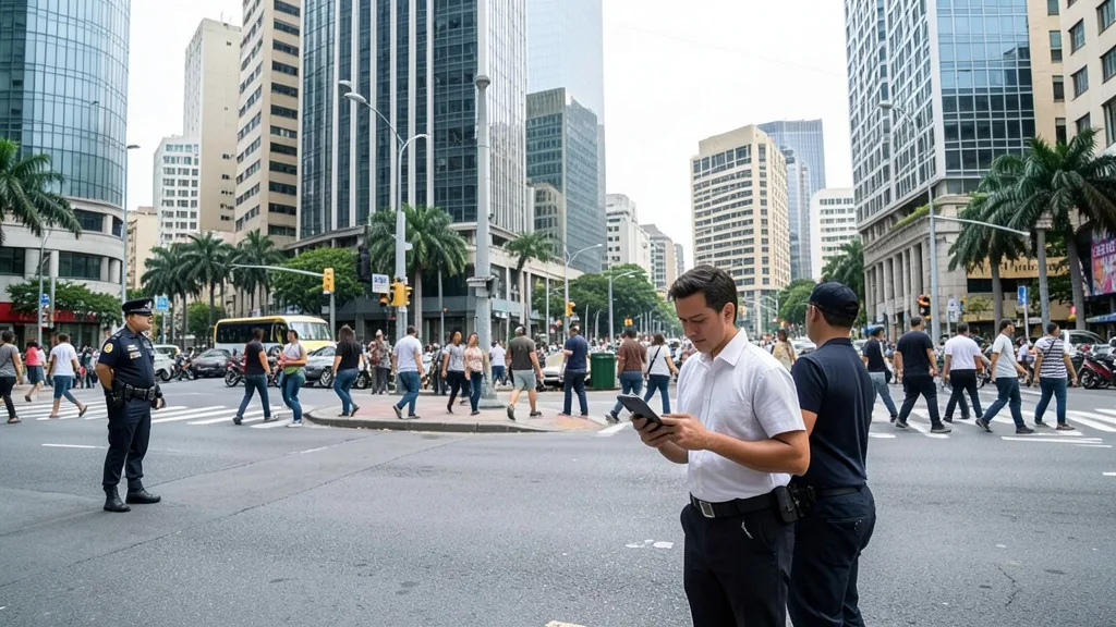 Imagem gerada por IA: Pedestres e um policial em uma esquina movimentada de São Paulo.