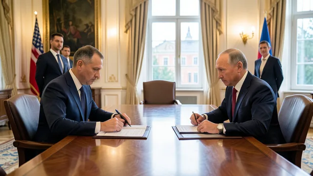 Imagem gerada por IA: Steve Witkoff e Vladimir Putin sentados à mesa durante uma reunião diplomática.