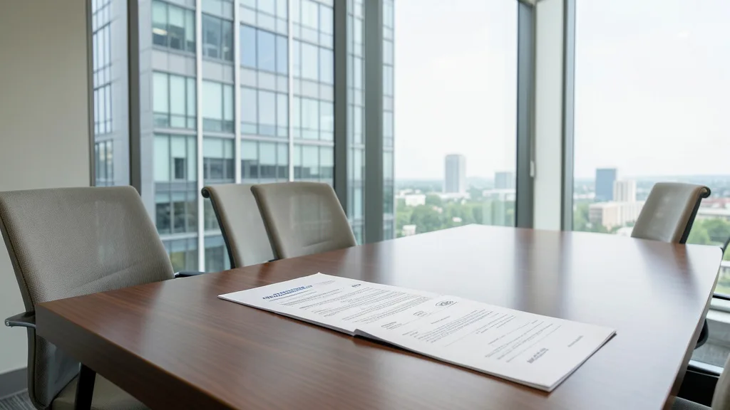 Imagem gerada por IA: Edifício comercial ao lado de documentos imobiliários sobre uma mesa.