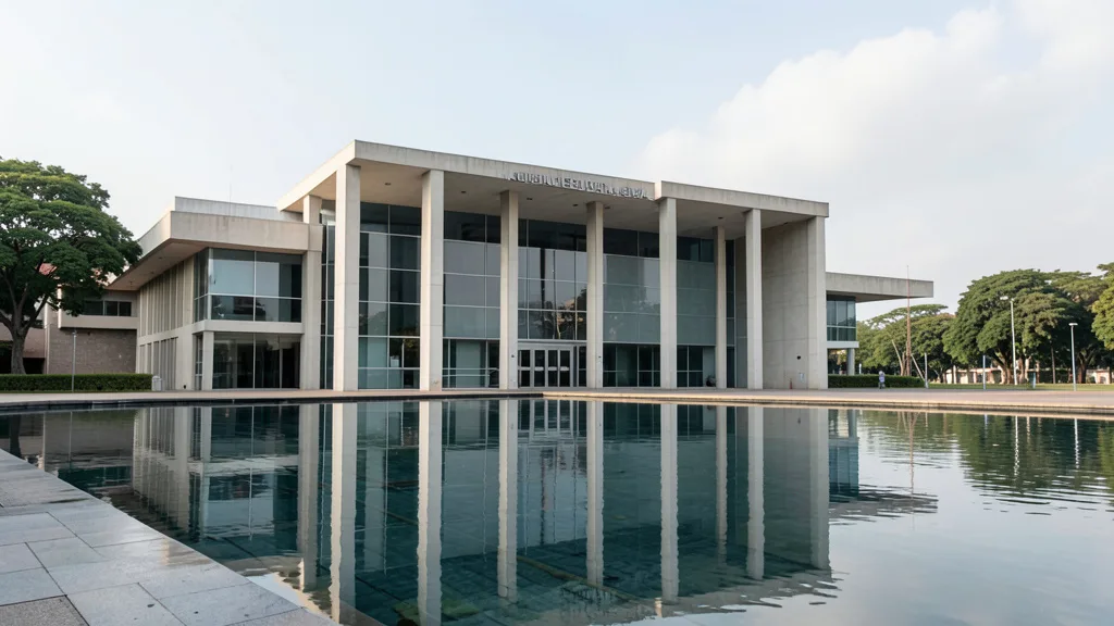 Fachada do Supremo Tribunal Federal em Brasília, com colunas e espelho d’água.