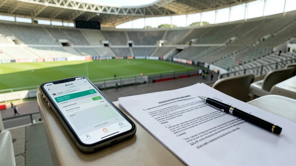 Celular com interface genérica de apostas diante de documentos, em um estádio de futebol vazio.