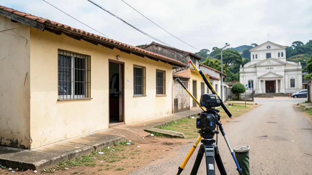 Imagem gerada por IA: Casa urbana e equipamento de medição diante de um prédio que remete à Justiça.