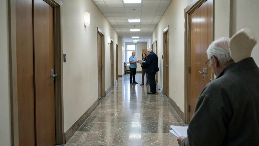 Idosos conversam em um corredor de tribunal, representando a disputa sobre reajustes em planos de saúde.