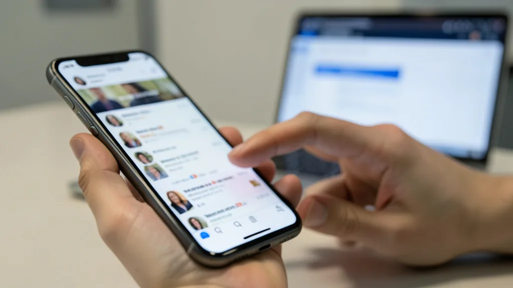 Imagem gerada por IA: Celular com feed desfocado ao lado de um computador com interface genérica de moderação de conteúdo.