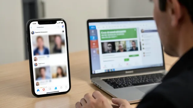 Imagem gerada por IA: Pessoa analisa uma interface genérica de rede social em um celular e um computador.