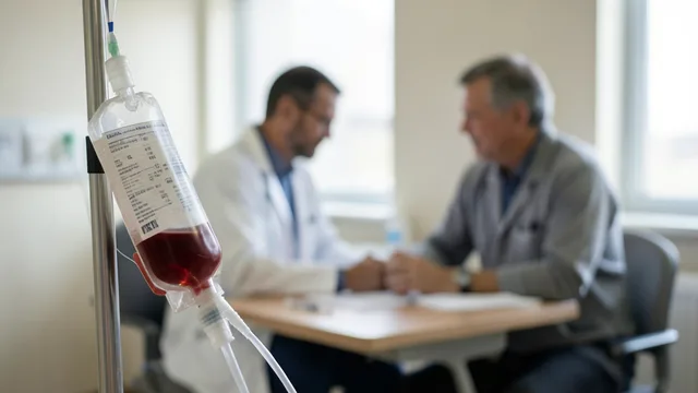 Imagem gerada por IA: Bolsa de transfusão em primeiro plano e médico conversando com um paciente em ambiente hospitalar.