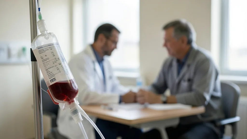 Imagem gerada por IA: Bolsa de transfusão em primeiro plano e médico conversando com um paciente em ambiente hospitalar.