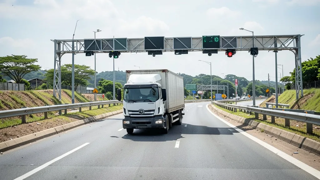 Imagem gerada por IA: Caminhão se aproxima de uma praça de pedágio em uma rodovia.