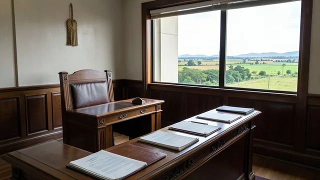 Imagem gerada por IA: Interior de um tribunal com documentos jurídicos e, ao fundo, uma paisagem rural da Bahia.