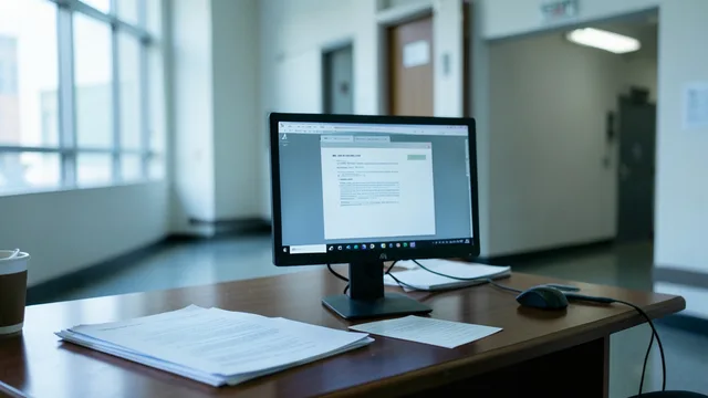 Imagem gerada por IA: Computador com documento indistinto sobre uma mesa em um ambiente de tribunal.