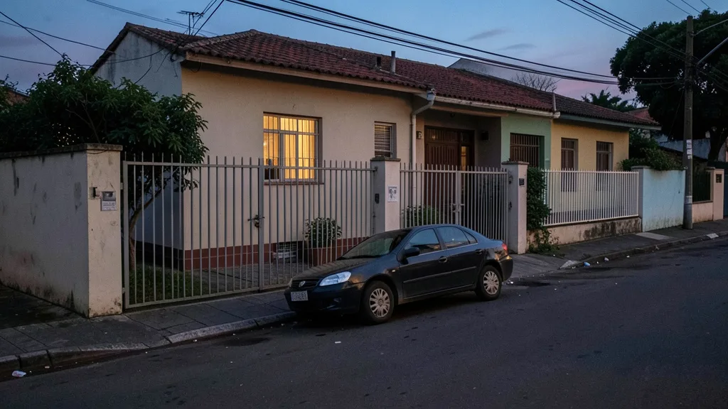 Imagem gerada por IA: Carro parado diante do portão de uma casa, em uma rua urbana.