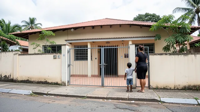 Imagem gerada por IA: Entrada de uma escola particular em Belém, com um adulto e uma criança vistos de costas junto ao portão.