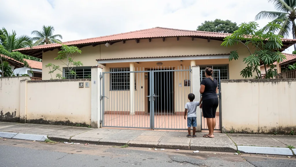 Imagem gerada por IA: Entrada de uma escola particular em Belém, com um adulto e uma criança vistos de costas junto ao portão.