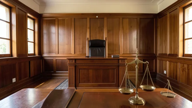 Imagem gerada por IA: Interior de um tribunal com bancada de madeira e uma balança da Justiça.