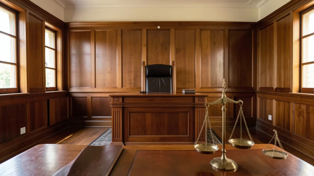Imagem gerada por IA: Interior de um tribunal com bancada de madeira e uma balança da Justiça.