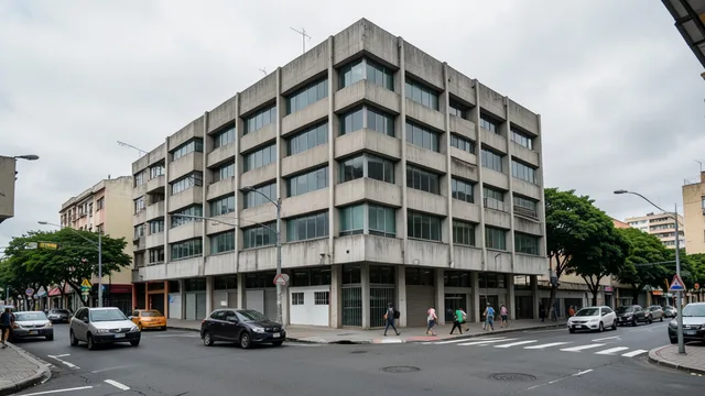 Imagem gerada por IA: Antigo prédio municipal de sete andares em uma esquina de Porto Alegre.