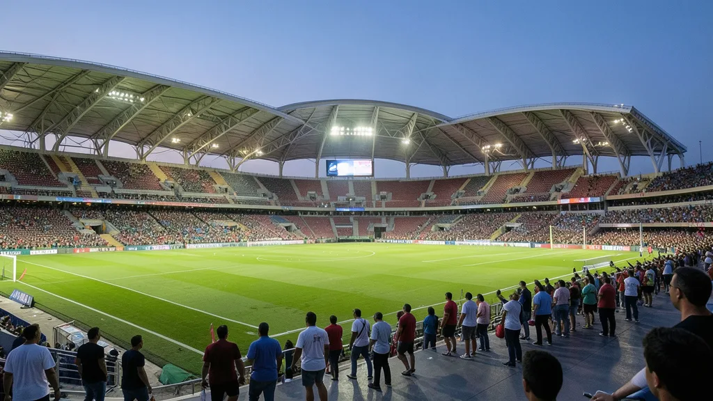 Imagem gerada por IA: O estádio do Maracanã iluminado ao anoitecer antes de uma partida de futebol.