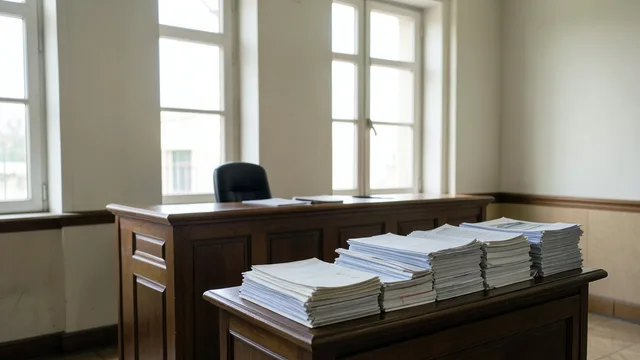Interior de um tribunal com arquivos jurídicos sobre uma mesa diante da bancada de julgamento.