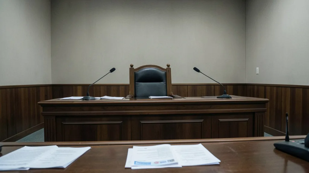 Imagem gerada por IA: Sala de julgamento com documentos e microfones sobre a mesa.