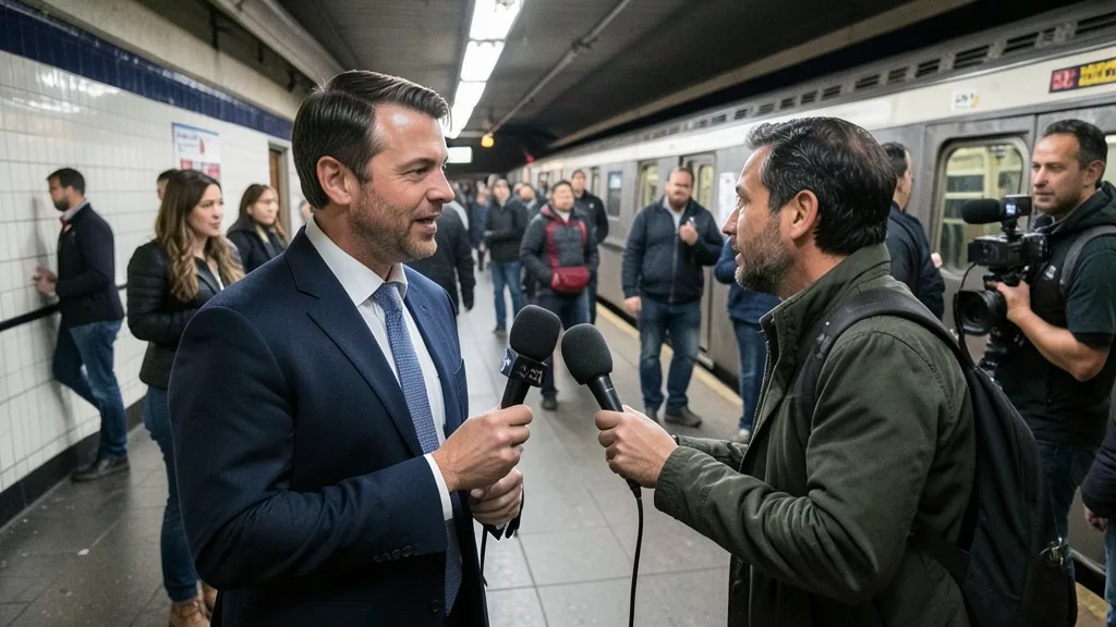 Imagem gerada por IA: Uma entrevista curta sendo gravada em uma estação de metrô de Nova York.