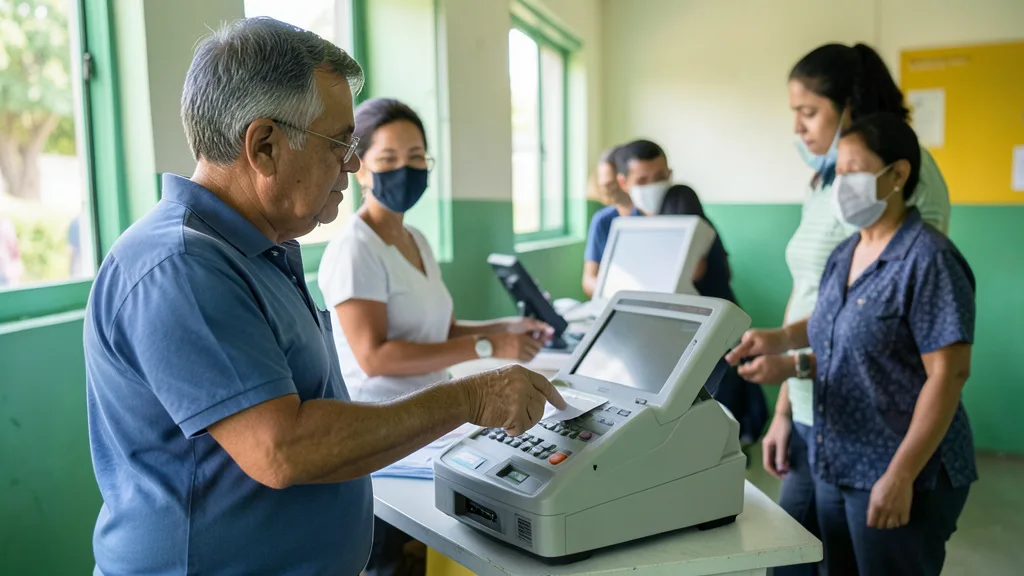 Imagem gerada por IA: Eleitor vota em uma urna eletrônica em uma seção eleitoral brasileira.