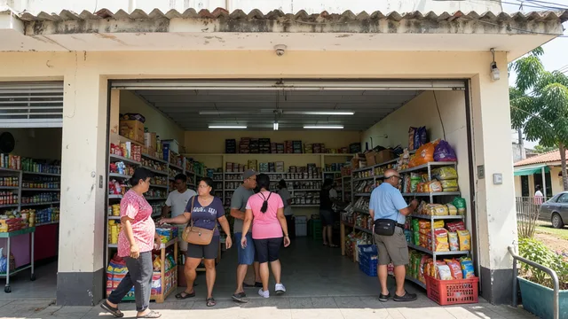 Imagem gerada por IA: Clientes entram em um supermercado em um domingo, enquanto funcionários organizam produtos perto da entrada.