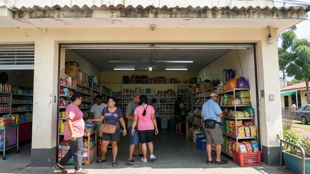 Imagem gerada por IA: Clientes entram em um supermercado em um domingo, enquanto funcionários organizam produtos perto da entrada.