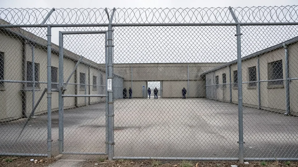 Centro de detenção de imigrantes nos Estados Unidos visto por trás de uma cerca.