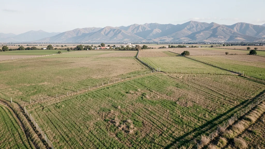 Imagem gerada por IA: Campos rurais argentinos se estendem até montanhas ao fundo, com uma cerca delimitando a propriedade.