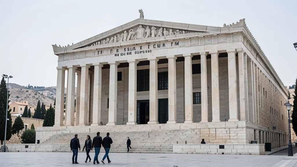 Fachada da Suprema Corte de Israel, em Jerusalém, com pessoas caminhando diante do prédio.