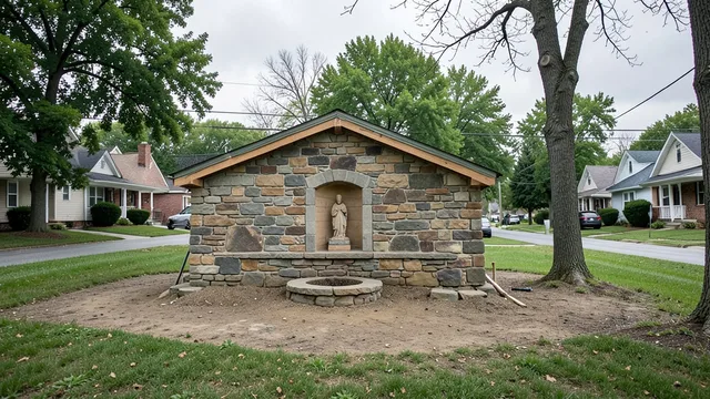 Área de capela em Kentucky com uma gruta de pedra em construção, cercada por árvores e casas residenciais.