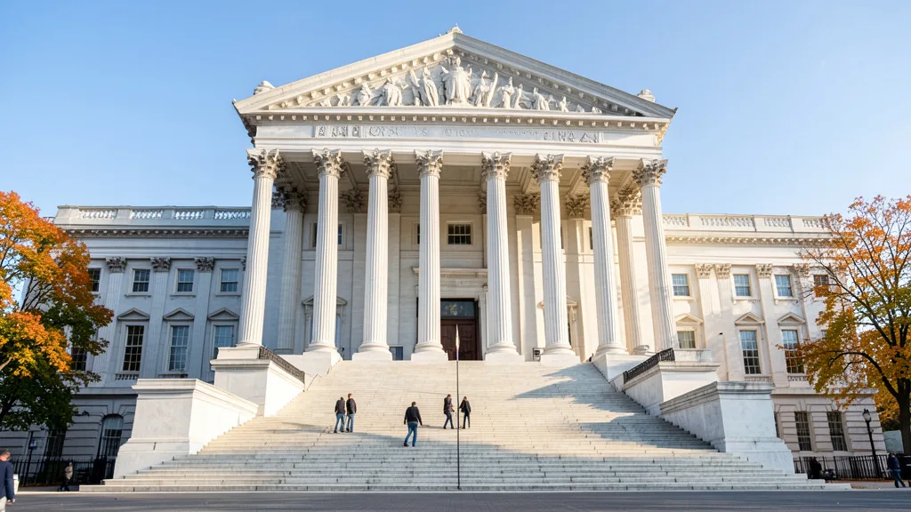 Imagem gerada por IA: Prédio da Suprema Corte dos Estados Unidos em Washington, com pessoas subindo as escadarias.