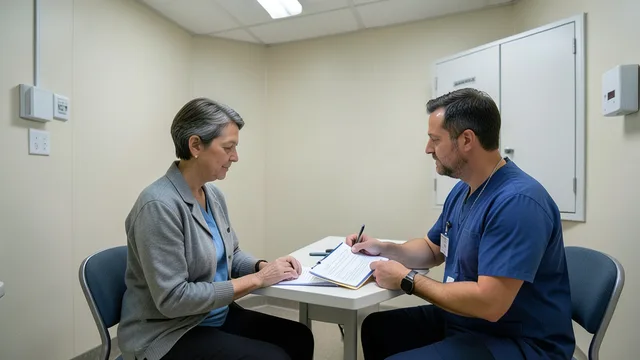 Imagem gerada por IA: Profissional de saúde conversa com uma pessoa em uma sala de atendimento de uma prisão.