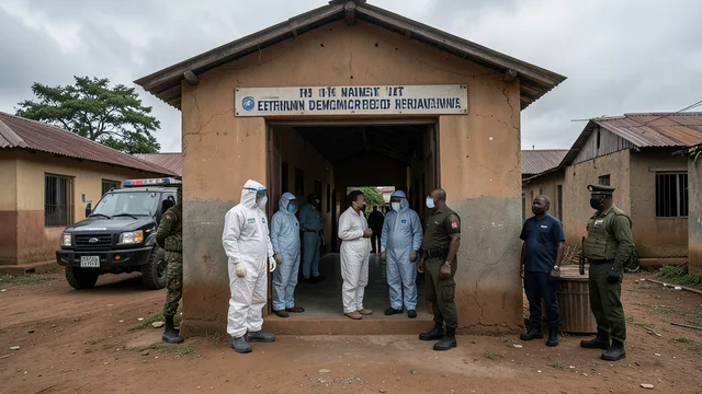 Imagem gerada por IA: Profissionais de saúde com roupas de proteção diante de um hospital no leste do Congo.