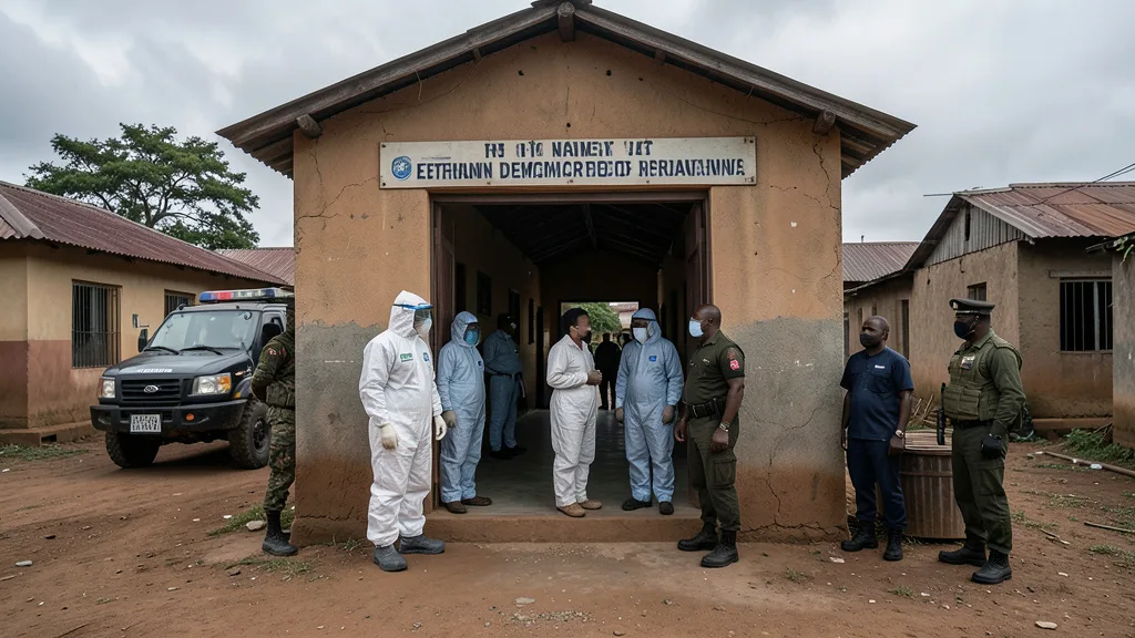 Imagem gerada por IA: Profissionais de saúde com roupas de proteção diante de um hospital no leste do Congo.