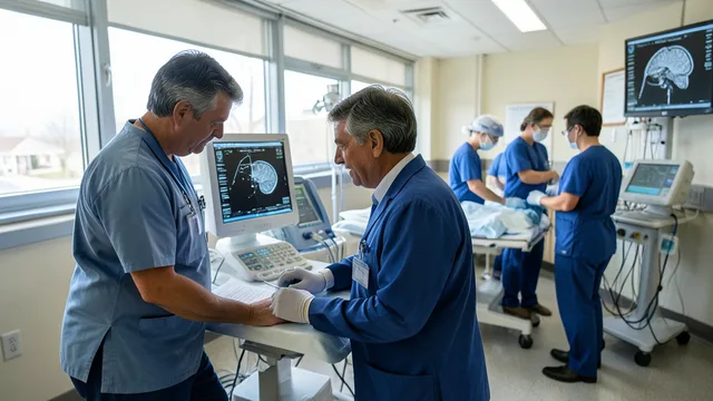 Imagem gerada por IA: Profissional de saúde analisa uma imagem cerebral em uma emergência hospitalar.
