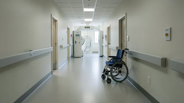 Imagem gerada por IA: Corredor de hospital com cadeira de rodas e acesso a uma sala de radioterapia.