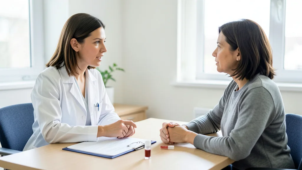 Imagem gerada por IA: Médica conversa com uma paciente sobre histórico familiar em consultório.