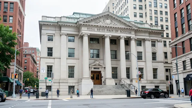 Imagem gerada por IA: Prédio do Federal Reserve em Boston, com edifícios e pedestres ao fundo.