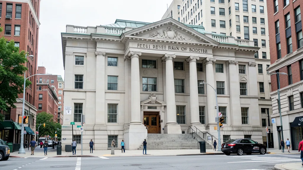 Imagem gerada por IA: Prédio do Federal Reserve em Boston, com edifícios e pedestres ao fundo.