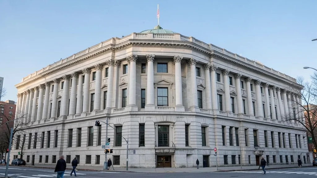 Fachada de um prédio do Federal Reserve em Washington, com pedestres ao fundo.