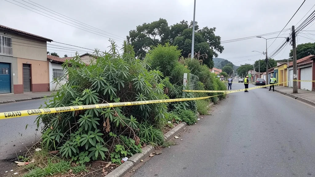 Imagem gerada por IA: Área de vegetação isolada pela polícia durante a investigação de um feminicídio em Caxias do Sul.