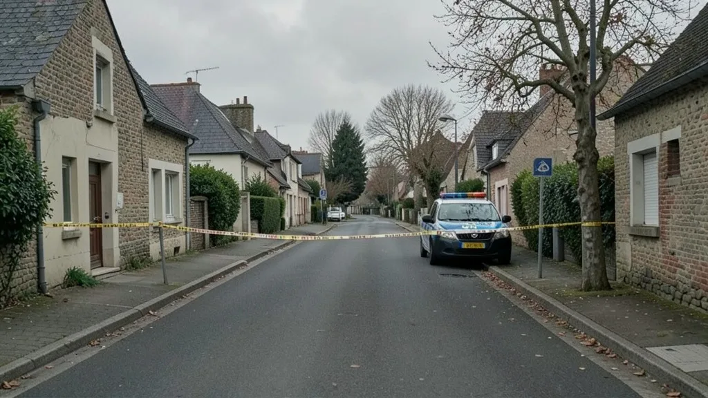 Imagem gerada por IA: Rua de subúrbio francês isolada por fita policial após um tiroteio.