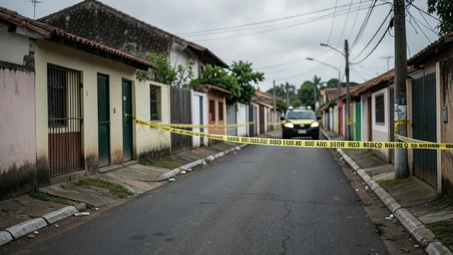Imagem gerada por IA: Rua residencial isolada pela polícia após um feminicídio em São José do Rio Preto.