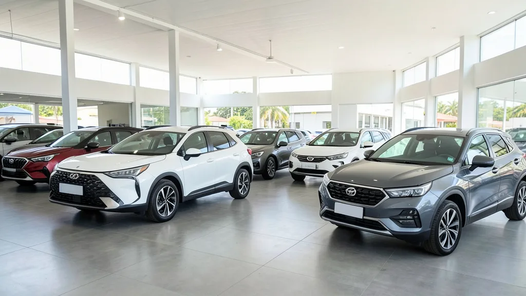 Imagem gerada por IA: SUVs elétricos, híbridos e a combustão estacionados em uma loja de veículos usados.